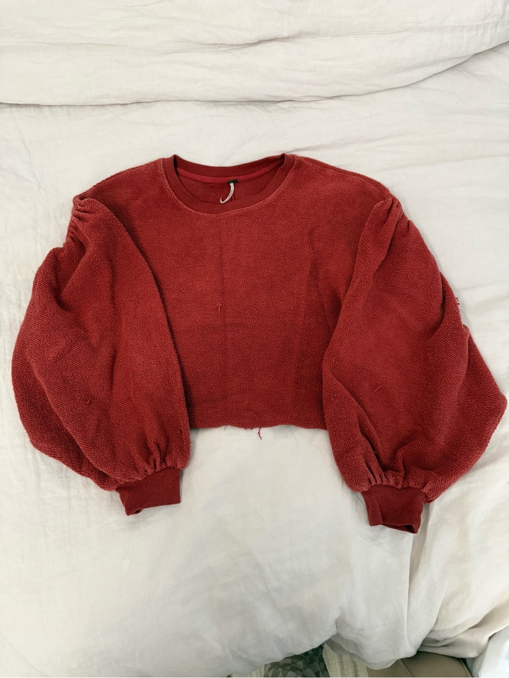 Free People Cropped Rust Red Bubble-Sleeve Crewneck Sweater
